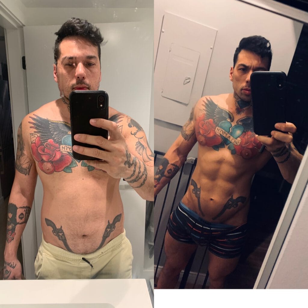 Before and after transformation showing significant body change.