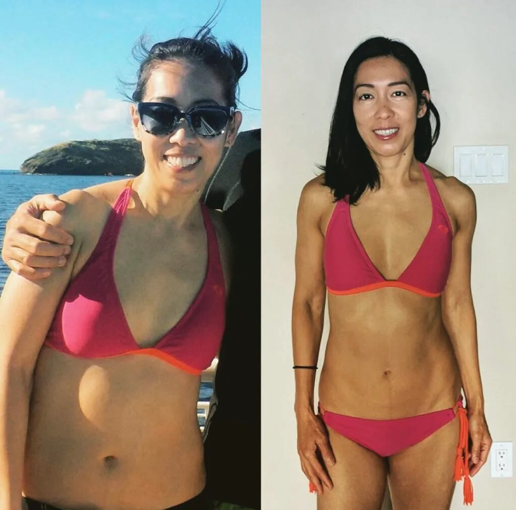 Before and after transformation showing fat loss and muscle gain