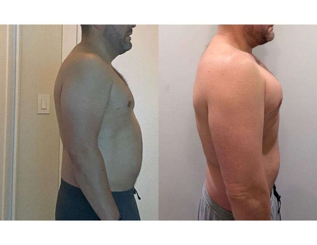 Before and after fitness transformation showing weight loss
