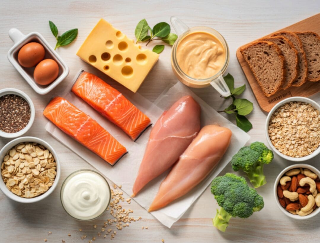Healthy foods including salmon carrots and broccoli